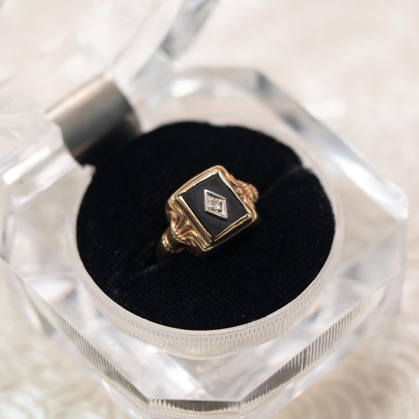 Vintage 1930s Art Deco Onyx, Diamond, and 10K Mixed Metal Gold Square Ring Size 5.75 - 30s Yellow Gold Black Onyx, Diamond Ring