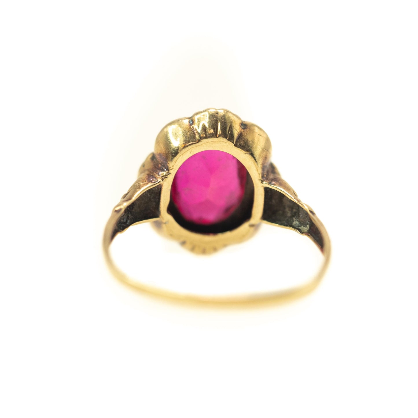 Vintage 1940s Art Deco Lab-Created Ruby and 10K Ring Size 7.5 -  Retro 40s Synthetic Ruby, Yellow Gold Solitaire Ring