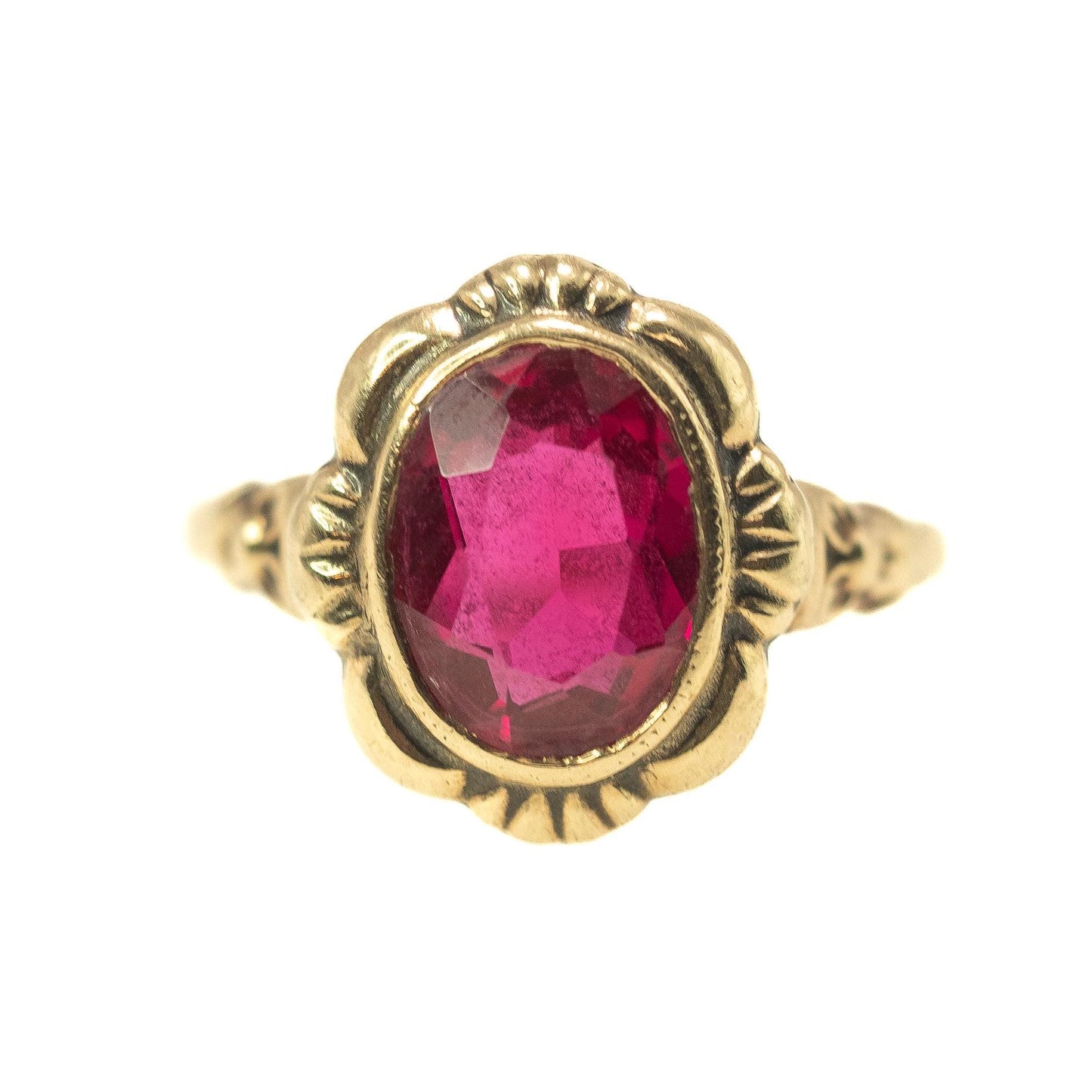 Vintage 1940s Art Deco Lab-Created Ruby and 10K Ring Size 7.5 -  Retro 40s Synthetic Ruby, Yellow Gold Solitaire Ring