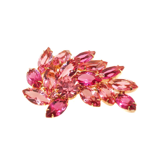 Vintage 1960s Pink Rhinestone and Yellow Gold Plate Floral Spray Brooch - 60s Marquise Pink Glass Floral Brooch - Vintage Pins for Sweater