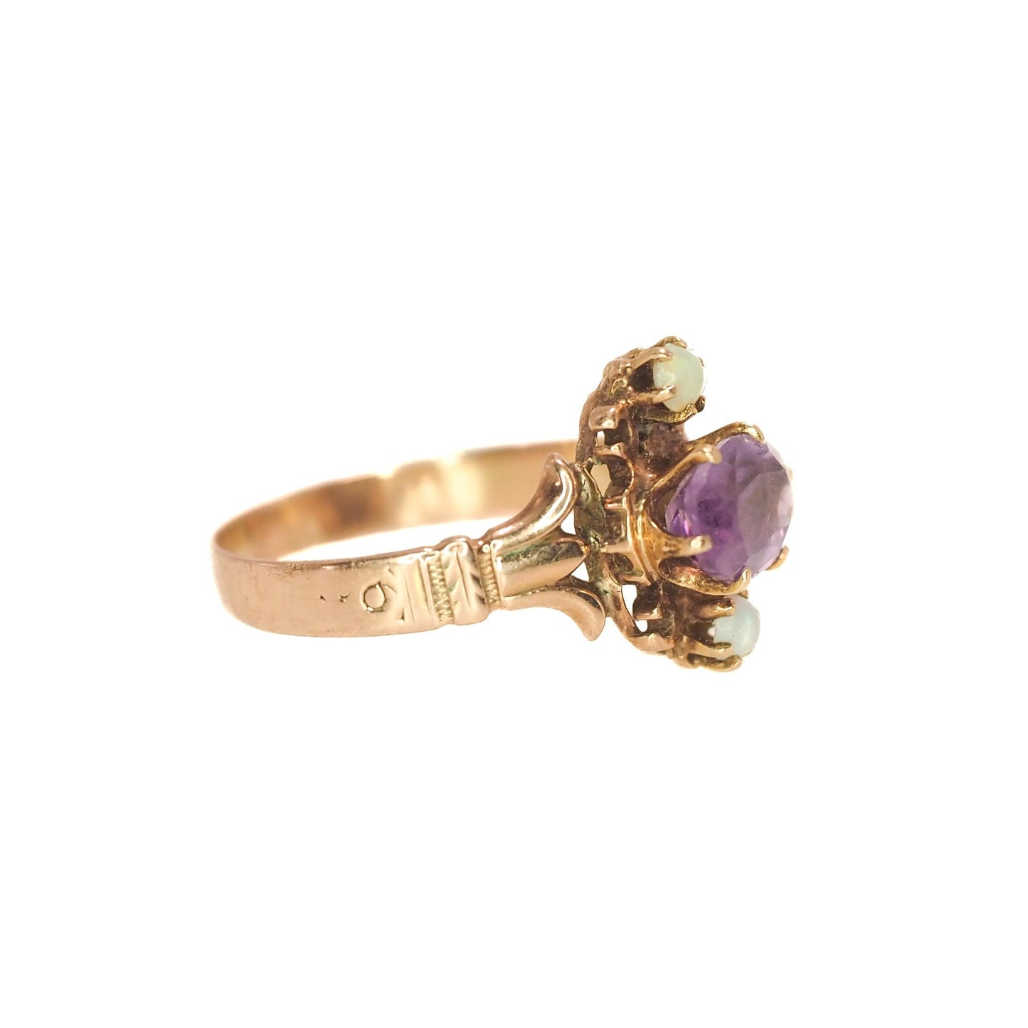 Antique 1900s Victorian Amethyst, Opal, and 14K Yellow Gold Ring Size 5.75 - Late Victorian Purple Amethyst, Opal Pinky Ring