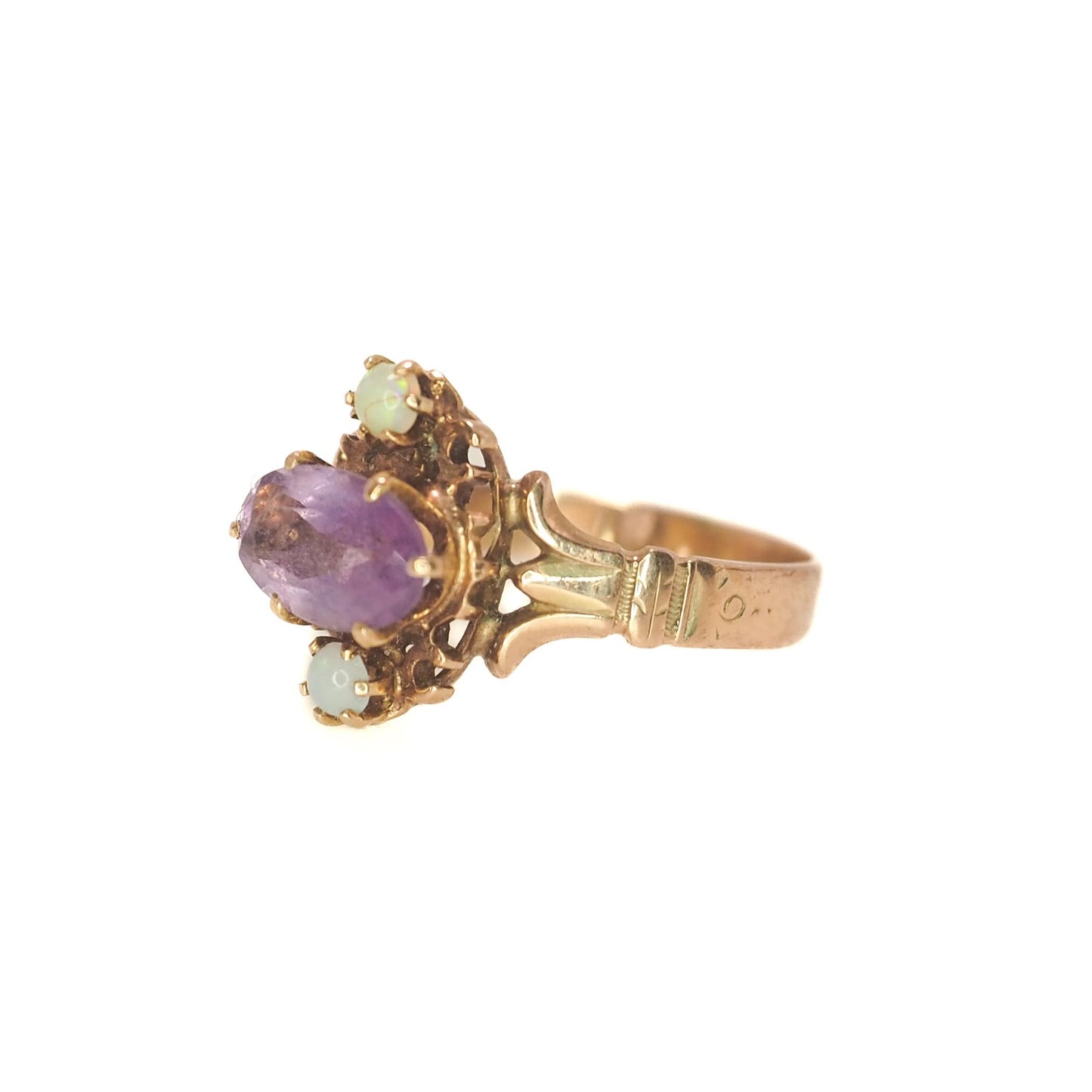 Antique 1900s Victorian Amethyst, Opal, and 14K Yellow Gold Ring Size 5.75 - Late Victorian Purple Amethyst, Opal Pinky Ring