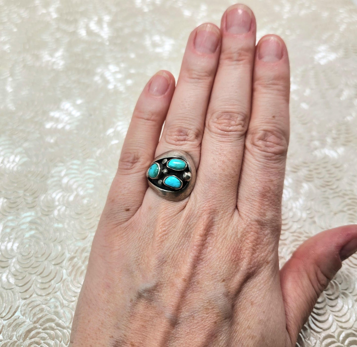 Vintage 1970s Blue Turquoise Sterling Silver Southwestern Native American Ring Size 5 - 70s Vintage Unisex Turquoise Thick Band Silver Ring