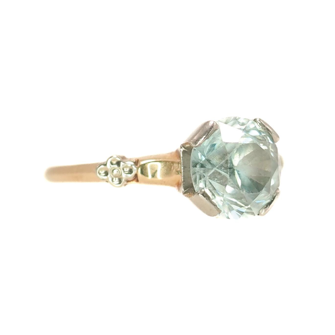 Vintage 1940s Retro Art Deco Blue Zircon Two Tone 14K Gold Ring Size 4.5 - Vintage 40s Round 3ct Zircon Gold Ring - Gemstone Solitaire Ring