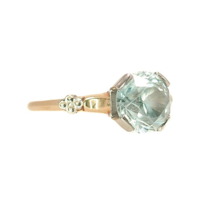 Vintage 1940s Retro Art Deco 3 Carat Blue Zircon Two Tone 14K Gold Ring Size 4.5