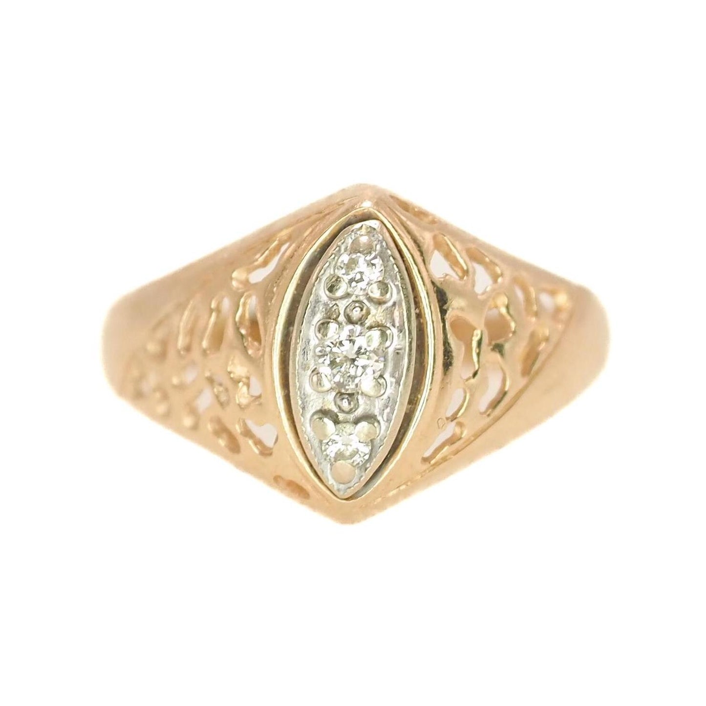 Vintage 1980s Round Cut Diamond 14K Gold Marquise Ring Size 8.25 - 80s Diamond, Gold Ring - Yellow Gold Three Gemstone Ring