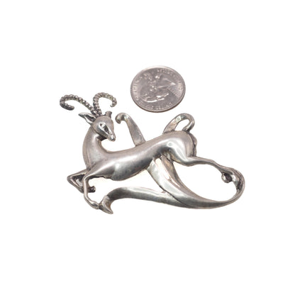 Antique 1920s Large Sterling Silver Antelope Animal Brooch