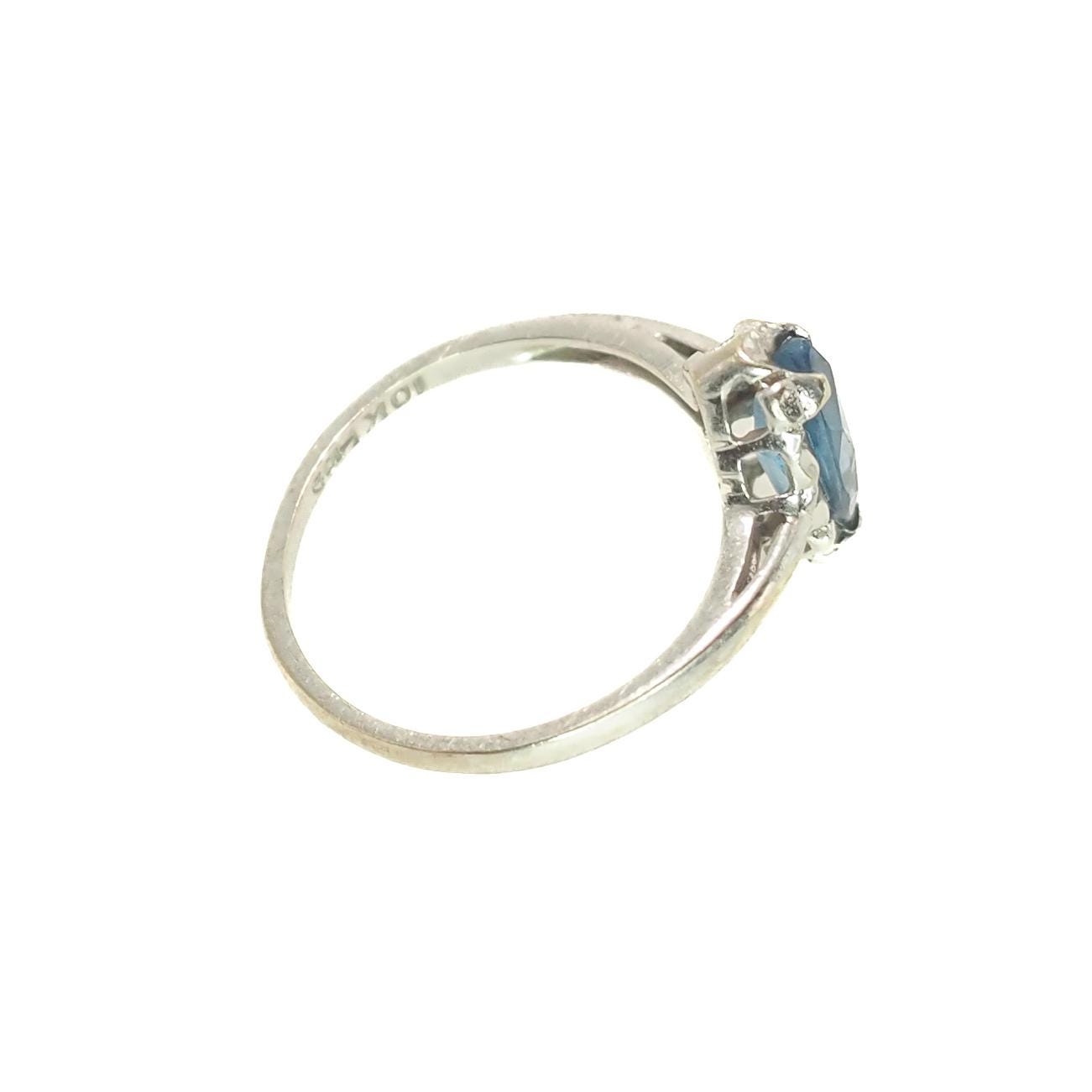 Vintage 1970s Marquise Blue Lab Created Spinel and 10K Ring - Blue Lab Spinel, White Gold Solitaire Ring Size 6.25 - August Birthstone Ring