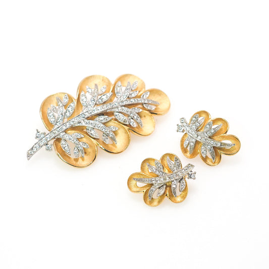 Vintage 1960s Clear Rhinestone Gold Plate Leaf Brooch and Clip Earring Set - 60s Costume Rhinestone Pin and Earrings Set