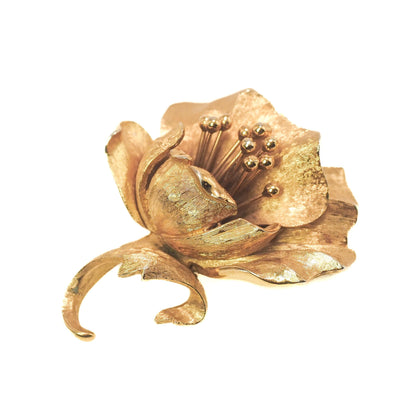 Vintage 1970s MONET Chunky Large Flower Yellow Gold Plate Flower Unisex Statement Brooch