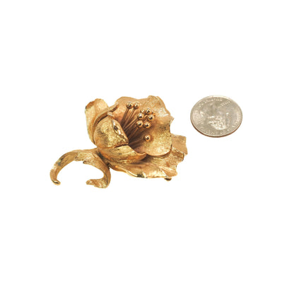Vintage 1970s MONET Chunky Large Flower Yellow Gold Plate Flower Unisex Statement Brooch