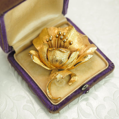Vintage 1970s MONET Chunky Large Flower Yellow Gold Plate Flower Unisex Statement Brooch