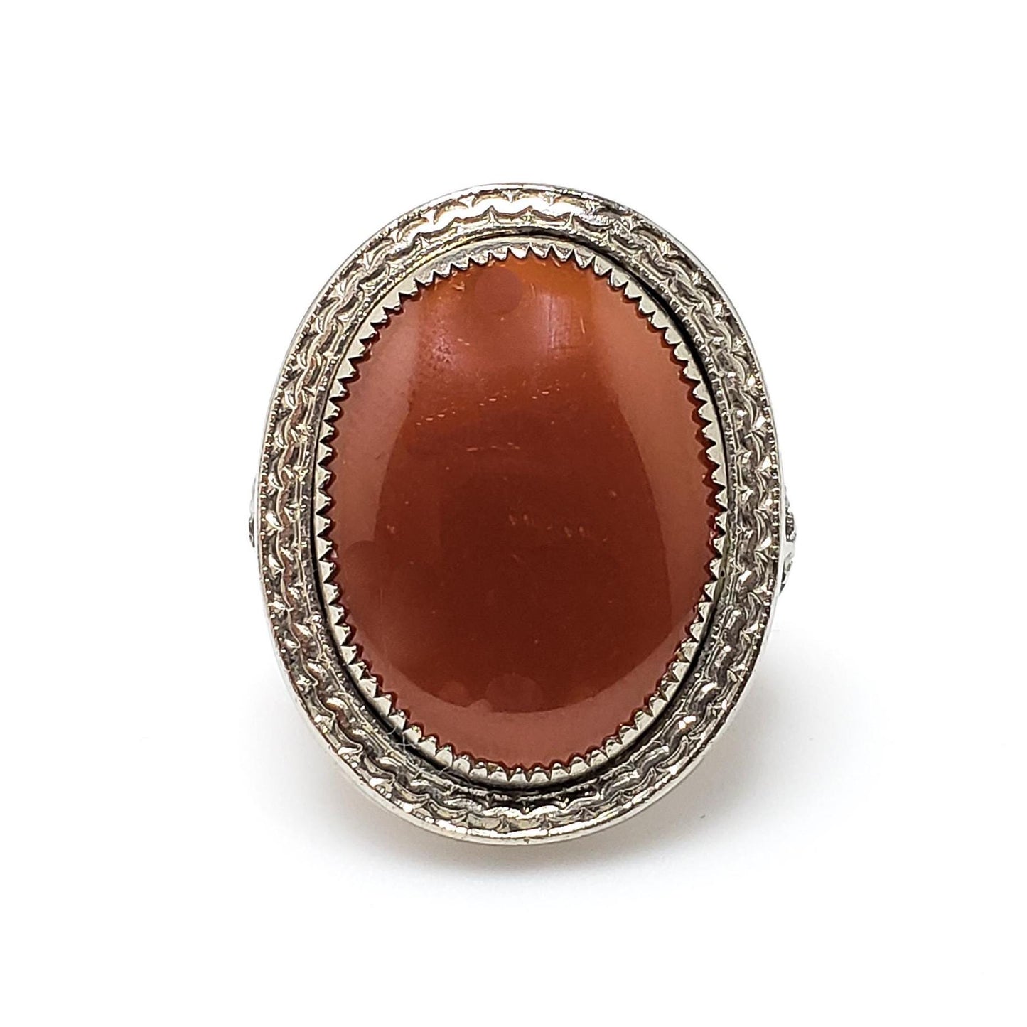 Antique 1920s NEMCO Art Deco Brownish Red Glass and Silver Plate Filigree Ring Size 4.75 - 20s Deco Brown, Silver Large Ring