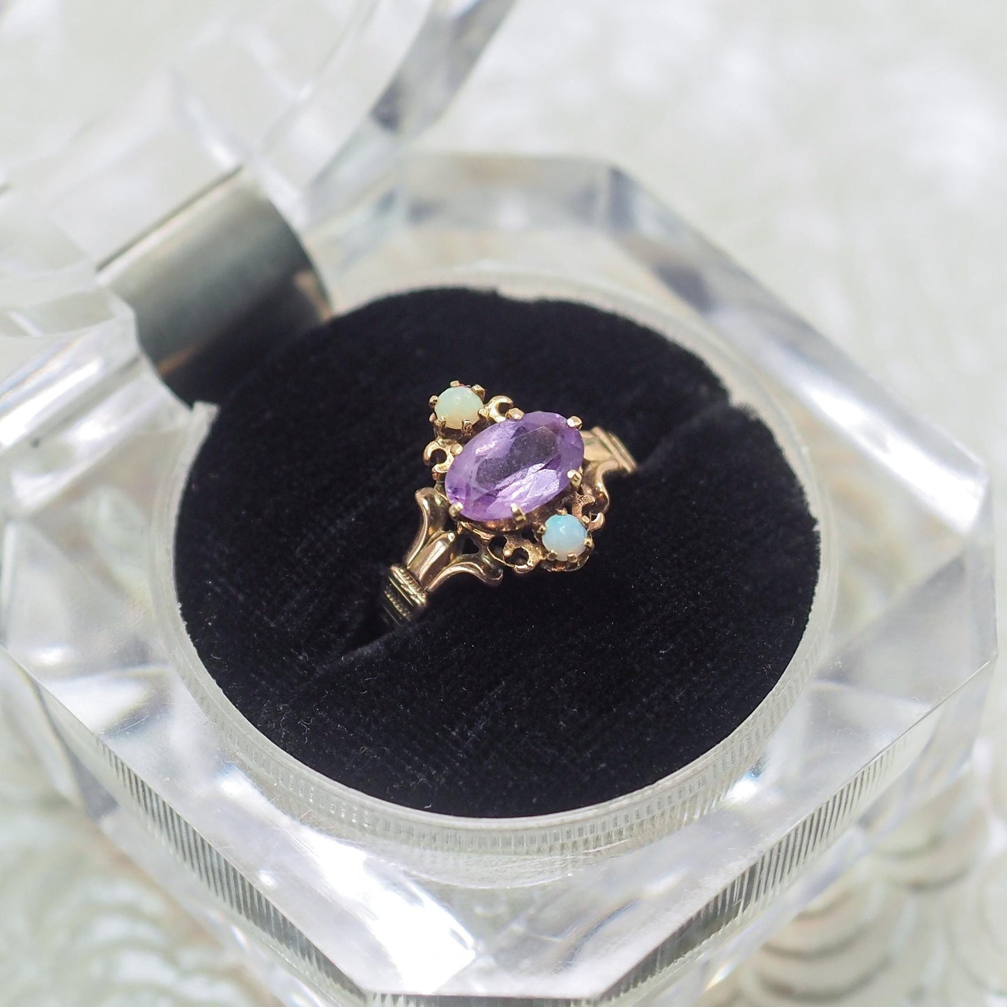 Antique 1900s Victorian Amethyst, Opal, and 14K Yellow Gold Ring Size 5.75 - Late Victorian Purple Amethyst, Opal Pinky Ring