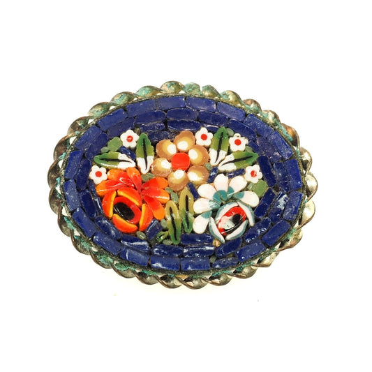 Antique 1900s Italian Mosaic Gold Washed Brass and Glass Flower Brooch - Vintage Dark Blue Colorful Mosaic Floral Brooch