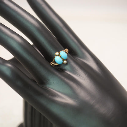 Antique 1890 Victorian Turquoise, 14K Yellow Gold, and Pearl Ring - Victorian Blue Turquoise, Natural Seed Pearl, Gold Ring Size 8.25