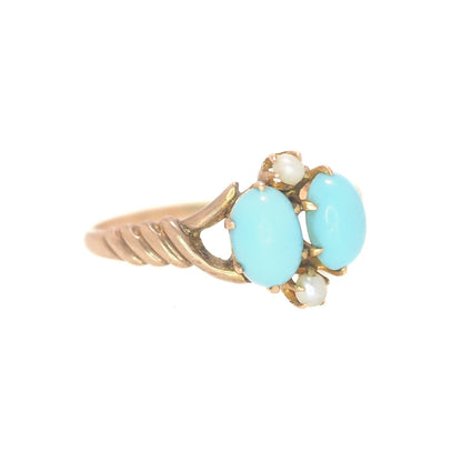 Antique 1890 Victorian Turquoise, 14K Yellow Gold, and Pearl Ring - Victorian Blue Turquoise, Natural Seed Pearl, Gold Ring Size 8.25