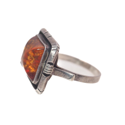 Vintage 1990s Square Sun Spangled Orange Amber and Sterling Silver Tribal Southwestern Minimalist Ring Size 7.75