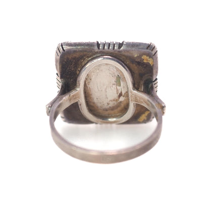 Vintage 1990s Square Sun Spangled Orange Amber and Sterling Silver Tribal Southwestern Minimalist Ring Size 7.75
