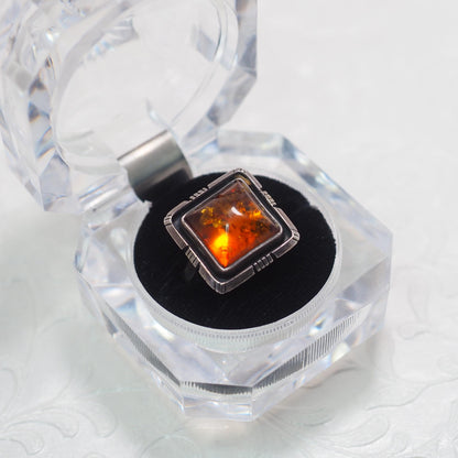 Vintage 1990s Square Sun Spangled Orange Amber and Sterling Silver Tribal Southwestern Minimalist Ring Size 7.75