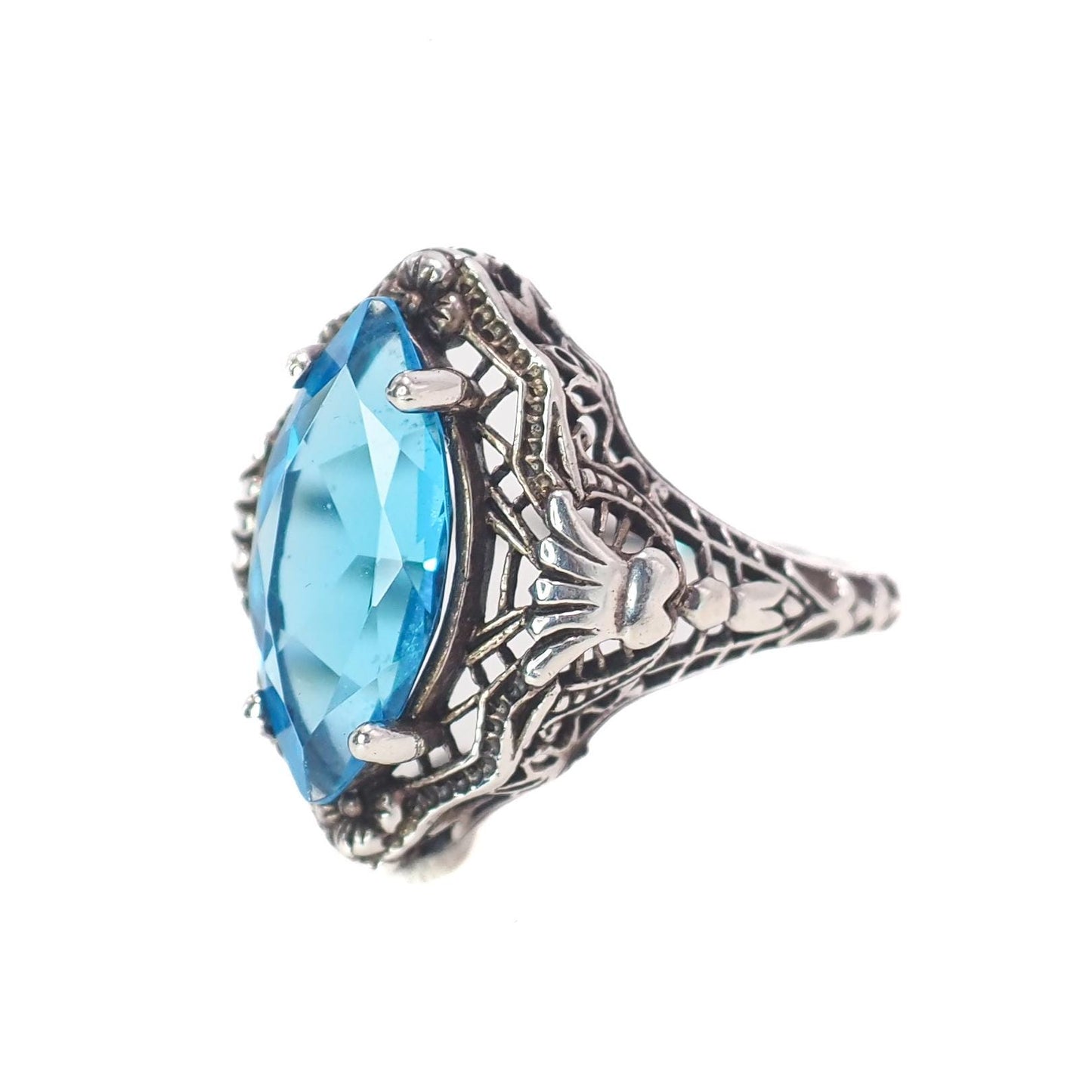 Antique 1920s Turquoise Marquise Glass and Sterling Silver Filigree Solitaire Ring Size 7.25 - Antique Art Deco Blue Silver Ring