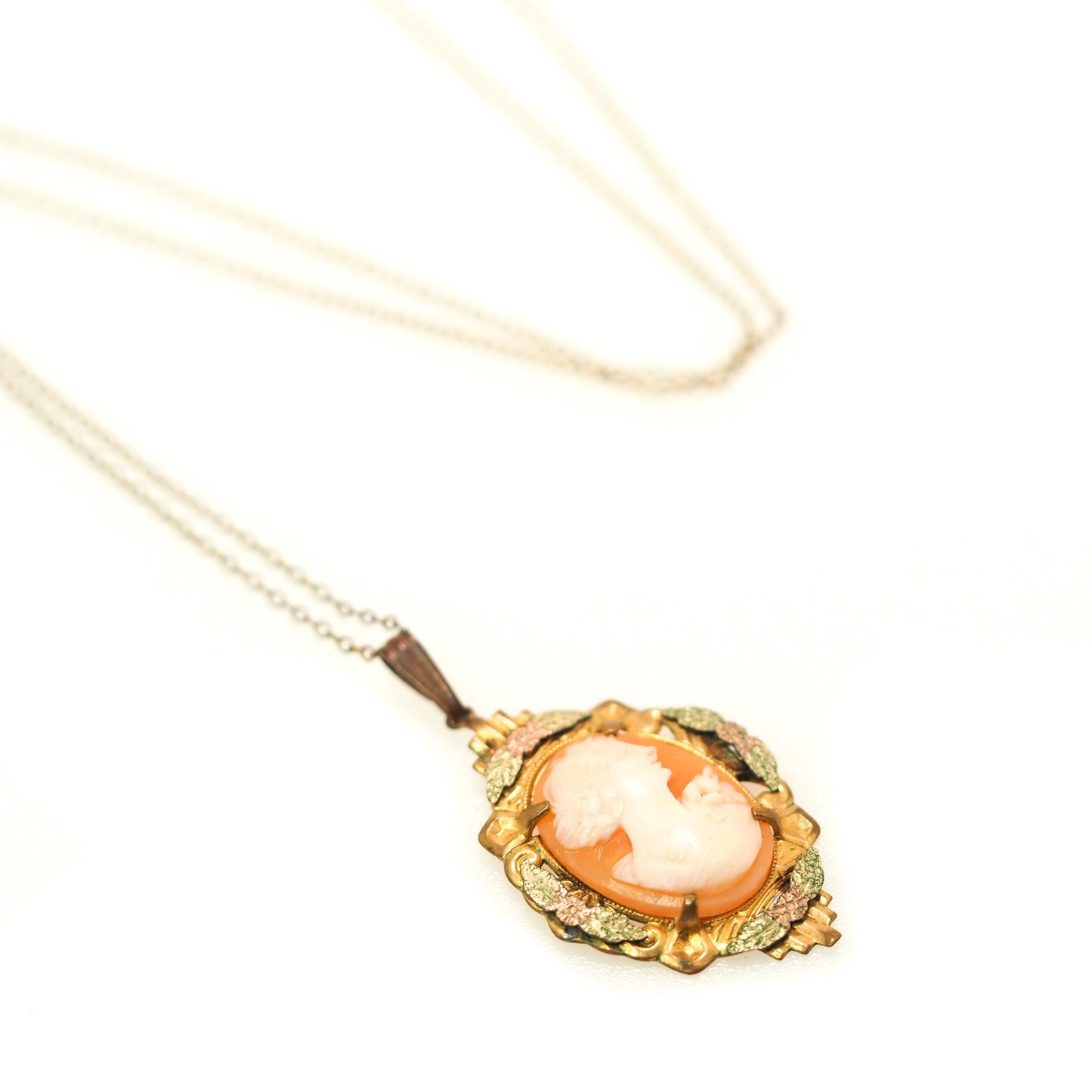 Antique 1910s Art Nouveau Pink Shell Cameo and Gold Fill Flower 18" Necklace - Nouveau Pink Cameo Necklace - Pink Shell Cameo Necklace