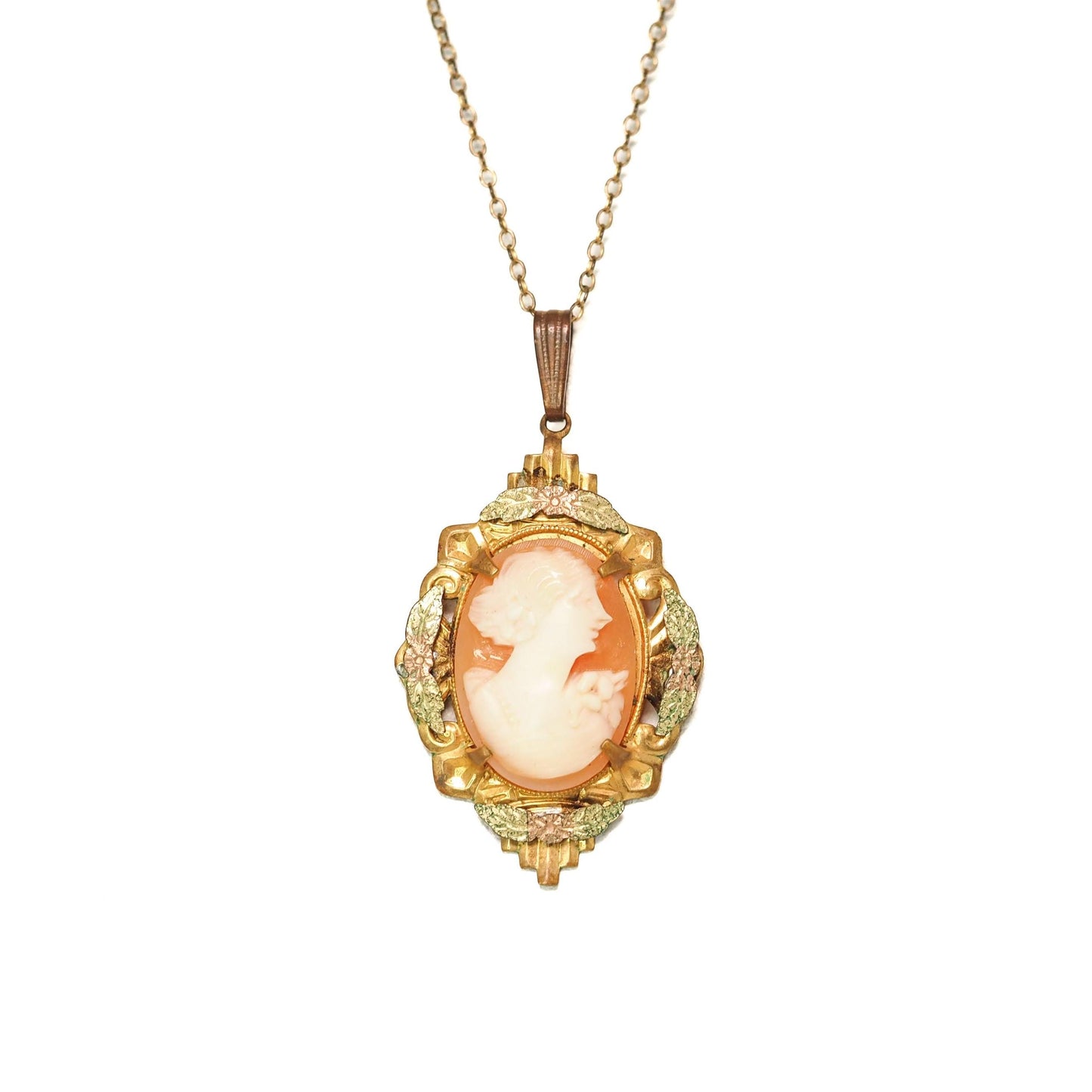 Antique 1910s Art Nouveau Pink Shell Cameo and Gold Fill Flower 18" Necklace - Nouveau Pink Cameo Necklace - Pink Shell Cameo Necklace