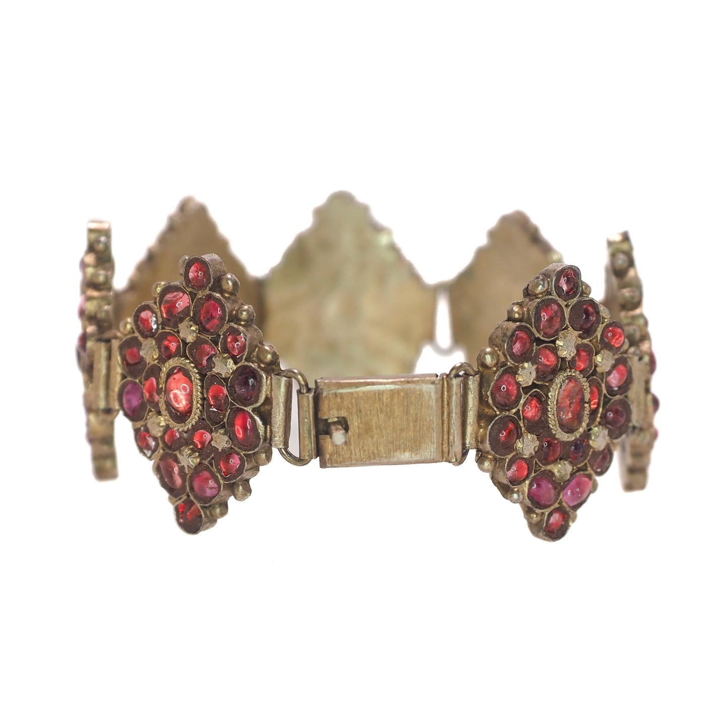 Antique 1850s Mid-Victorian Red Glass Cabochon and Gilt 7" Bracelet - Victorian Red Glass Gilded Statement Large Bracelet