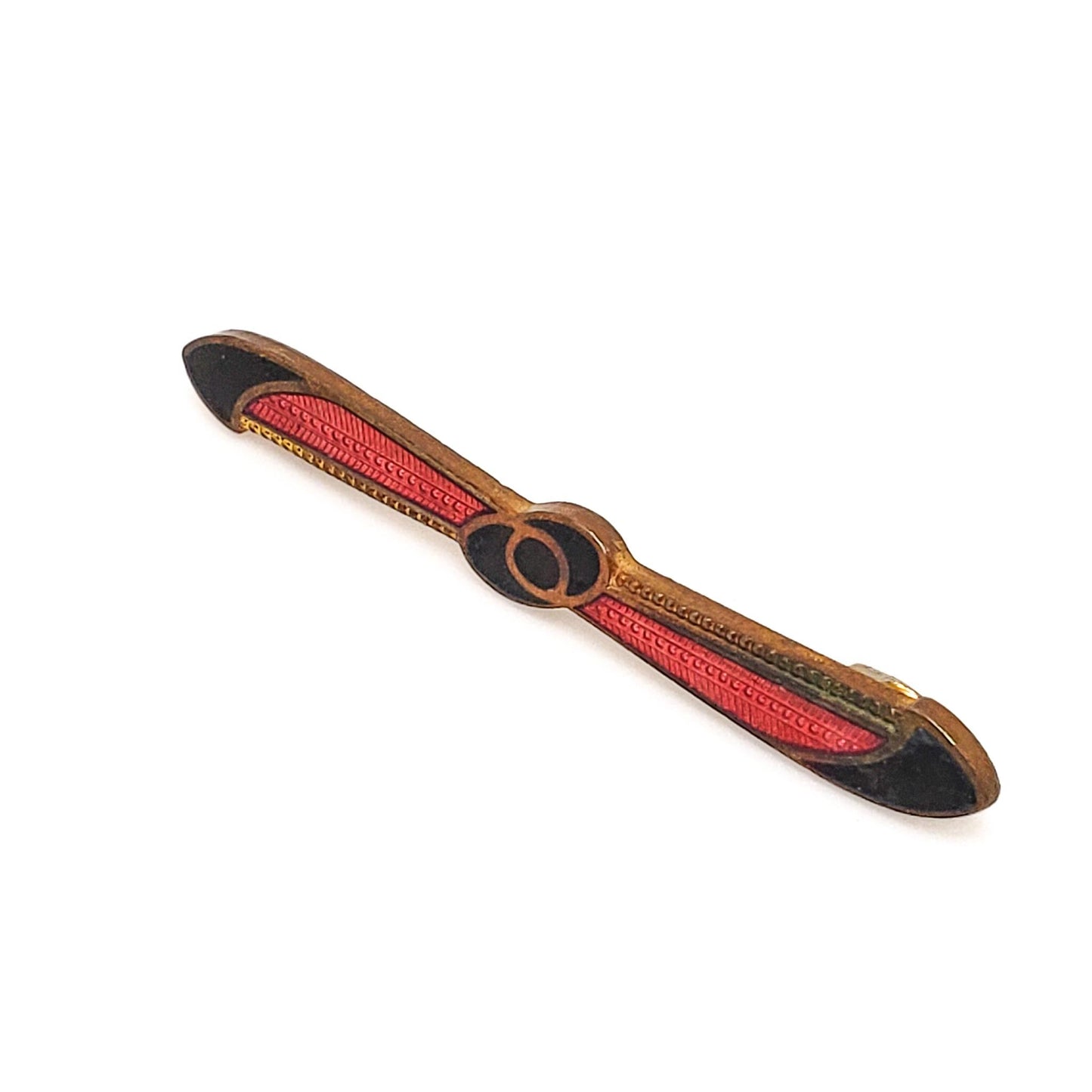 Antique 1900s Art Nouveau Red and Black Enamel and Gold Filled Bar Pin Brooch - Antique Red Small Brooch - Red and Black Enamel