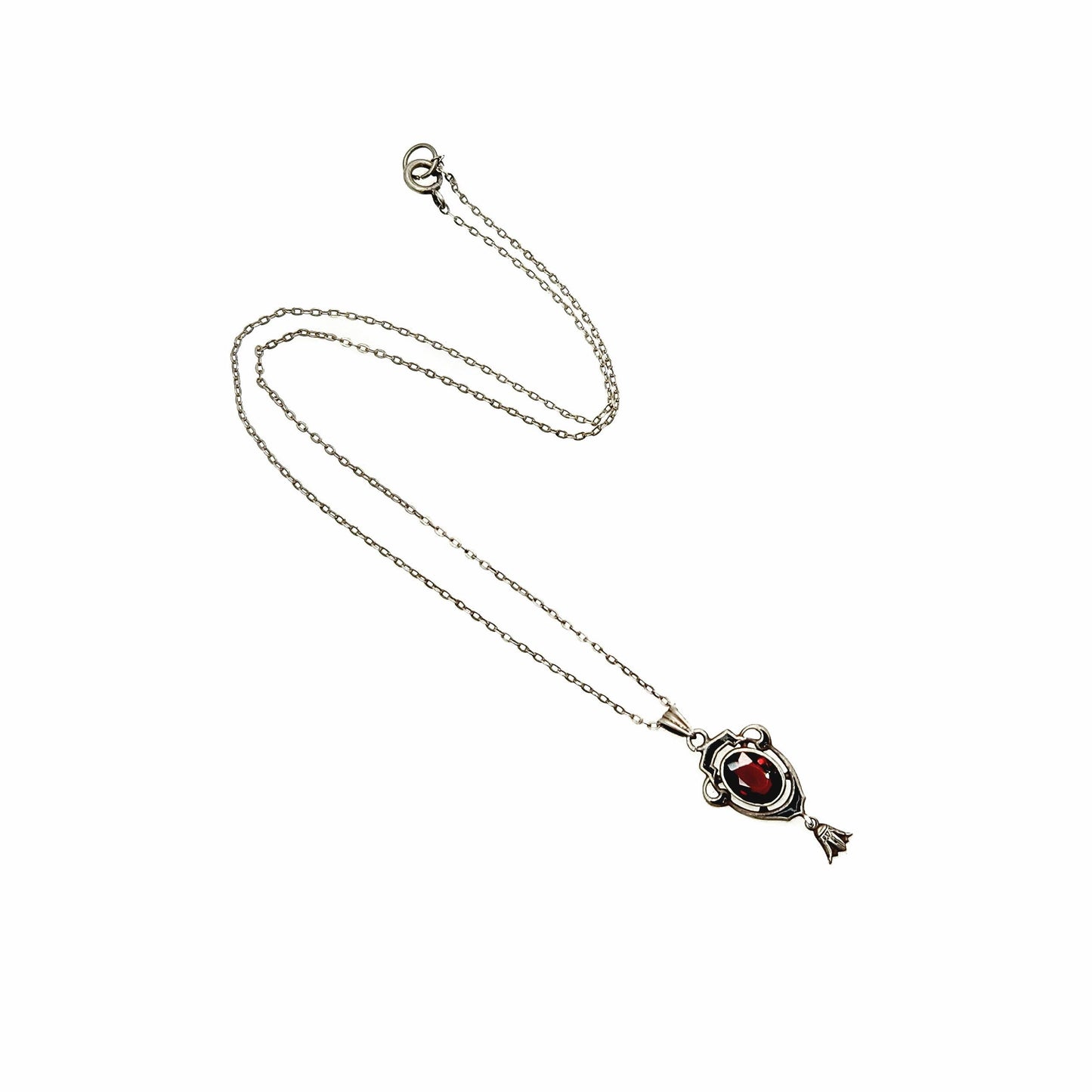 Antique 1900s Art Nouveau Almandite Garnet, Black Enamel, and Sterling Choker Necklace - Antique Red Garnet, Silver Lavalier 16" Necklace