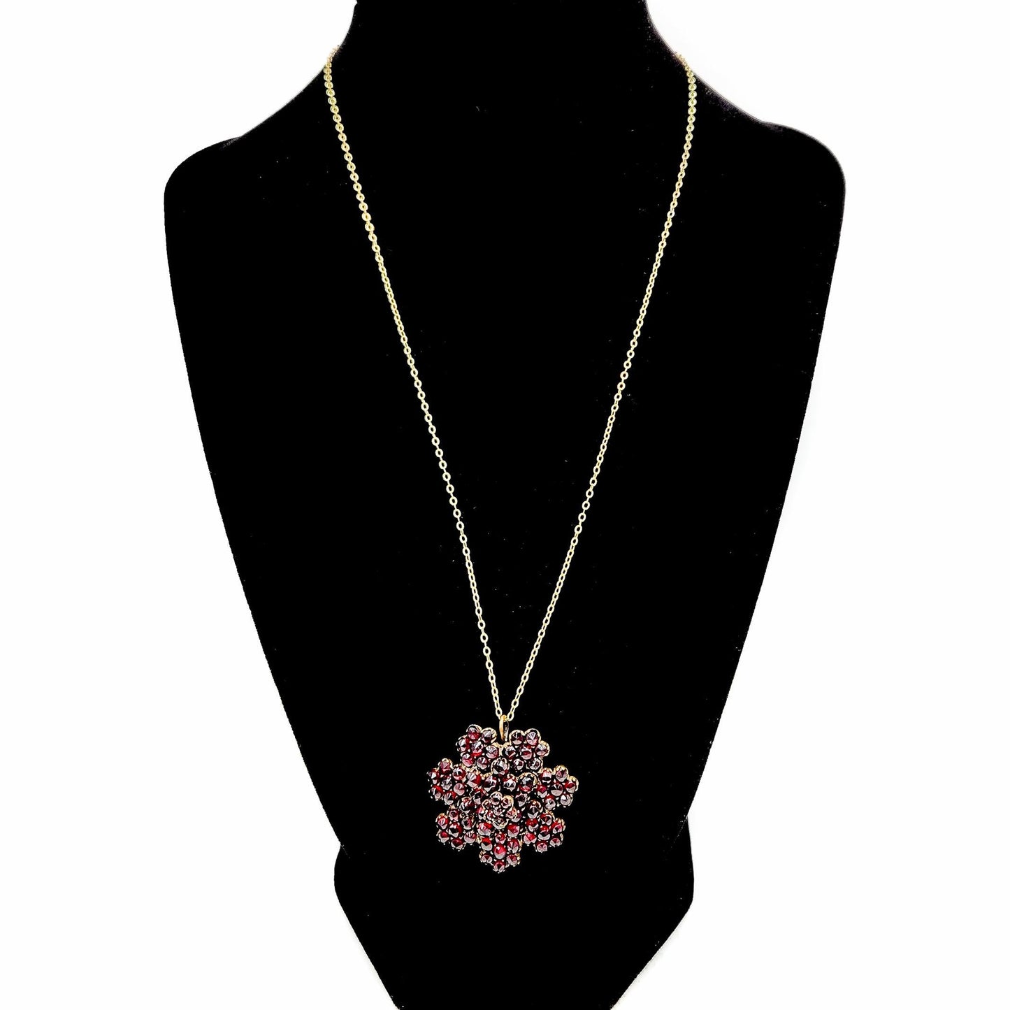 Vintage 1930s Bohemian Garnet and Gilt Snowflake Cluster Pin and Pendant Combo 18" Necklace - Red Czech Garnet Necklace Brooch Combo