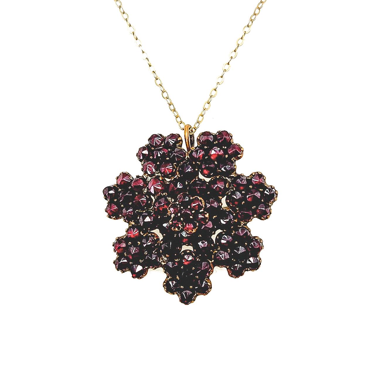 Vintage 1930s Bohemian Garnet and Gilt Snowflake Cluster Pin and Pendant Combo 18" Necklace - Red Czech Garnet Necklace Brooch Combo