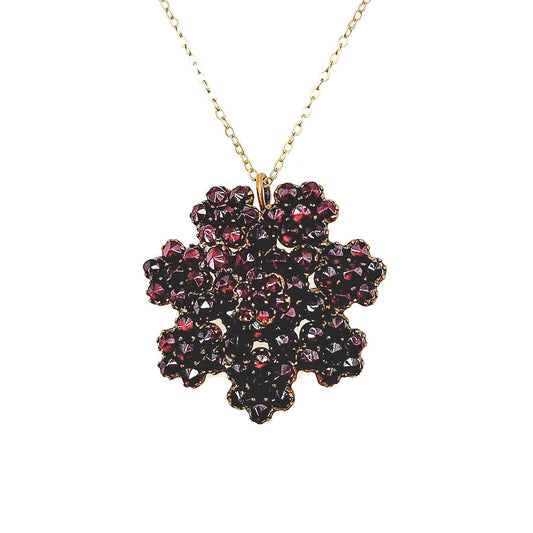 Vintage 1930s Bohemian Garnet and Gilt Snowflake Cluster Pin and Pendant Combo 18" Necklace - Red Czech Garnet Necklace Brooch Combo