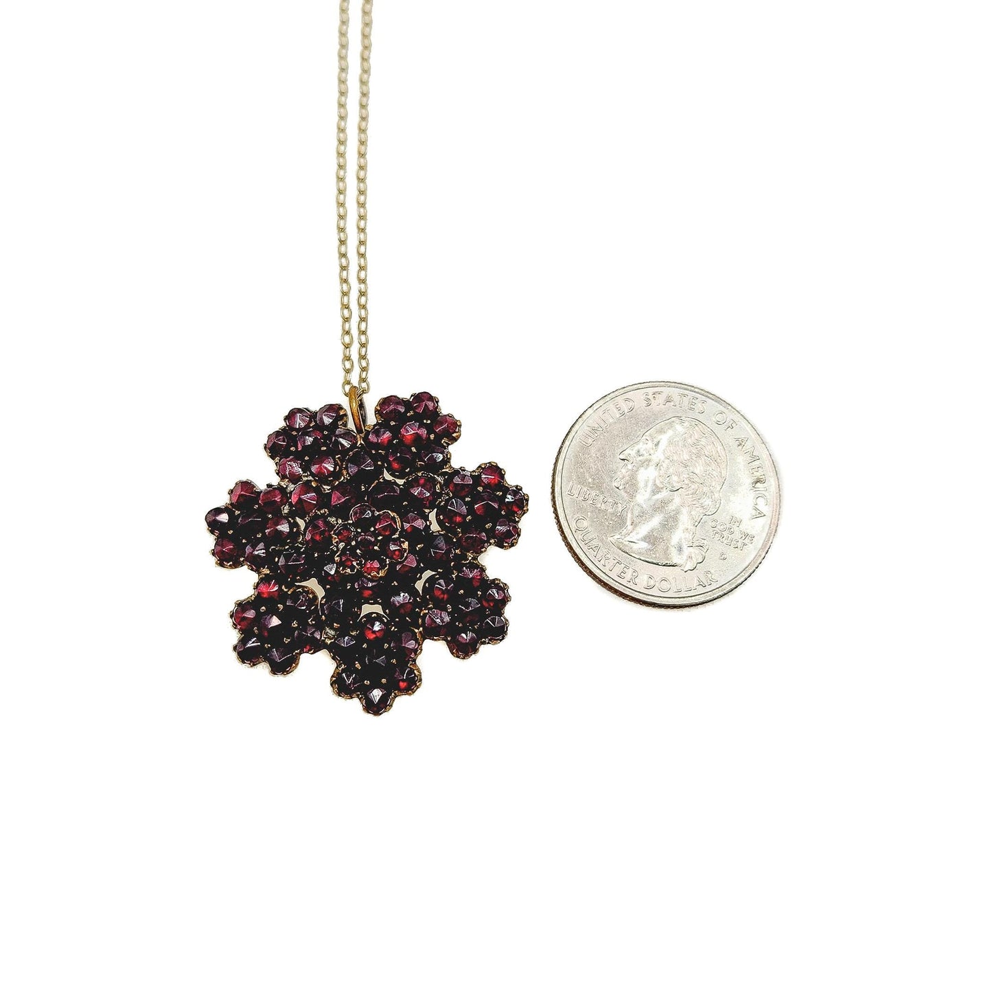 Vintage 1930s Bohemian Garnet and Gilt Snowflake Cluster Pin and Pendant Combo 18" Necklace - Red Czech Garnet Necklace Brooch Combo