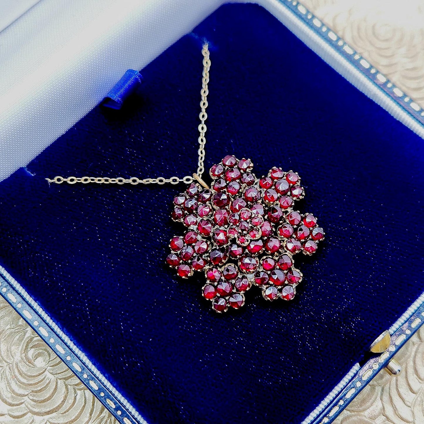 Vintage 1930s Bohemian Garnet and Gilt Snowflake Cluster Pin and Pendant Combo 18" Necklace - Red Czech Garnet Necklace Brooch Combo