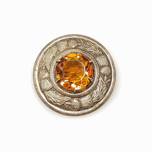 Vintage 1970s Celtic Orange Brooch - 70s Glass and Scottish Thistle Silver Plate Circle Brooch - Scottish Large Statement Brooch