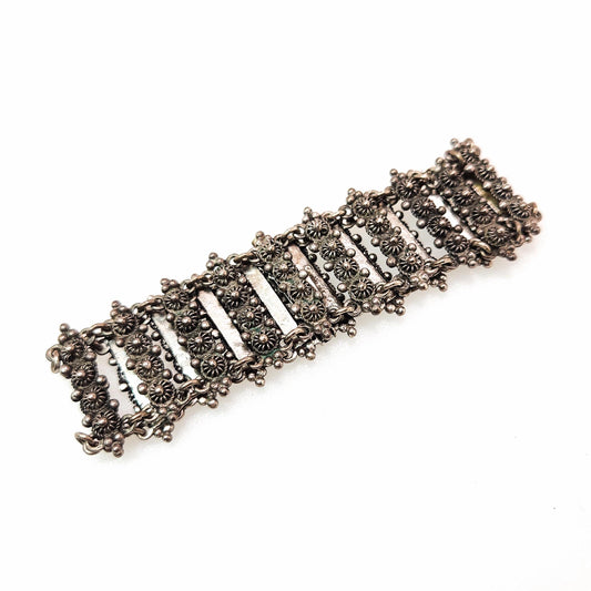 Antique 1880s Mid Victorian Etruscan Revival 835 Silver Statement Cannetille Silver Link 7" Bracelet