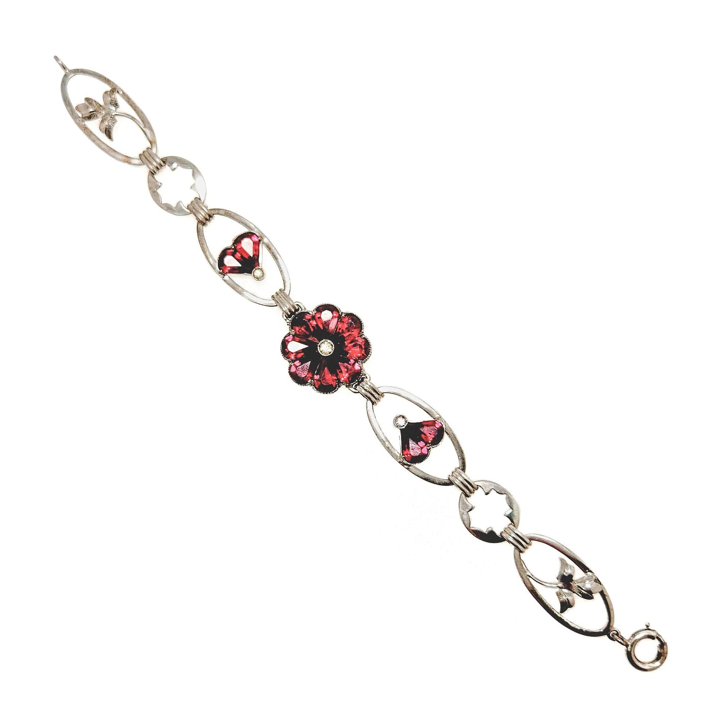 Vintage 1940s Red Glass, Silver Flower Bracelet -  Retro Art Deco Sterling Silver and Red Flower Link 6-1/4" Bracelet - Flower Bracelet