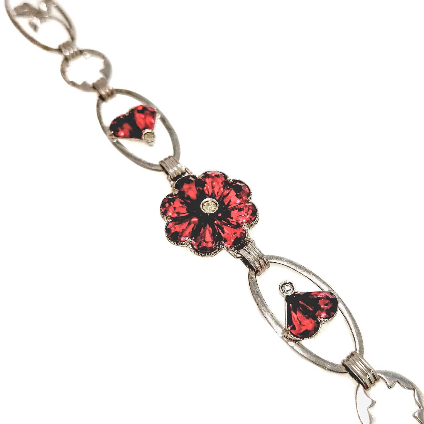 Vintage 1940s Red Glass, Silver Flower Bracelet -  Retro Art Deco Sterling Silver and Red Flower Link 6-1/4" Bracelet - Flower Bracelet