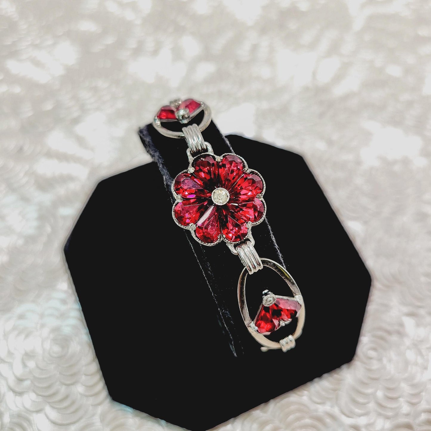 Vintage 1940s Red Glass, Silver Flower Bracelet -  Retro Art Deco Sterling Silver and Red Flower Link 6-1/4" Bracelet - Flower Bracelet