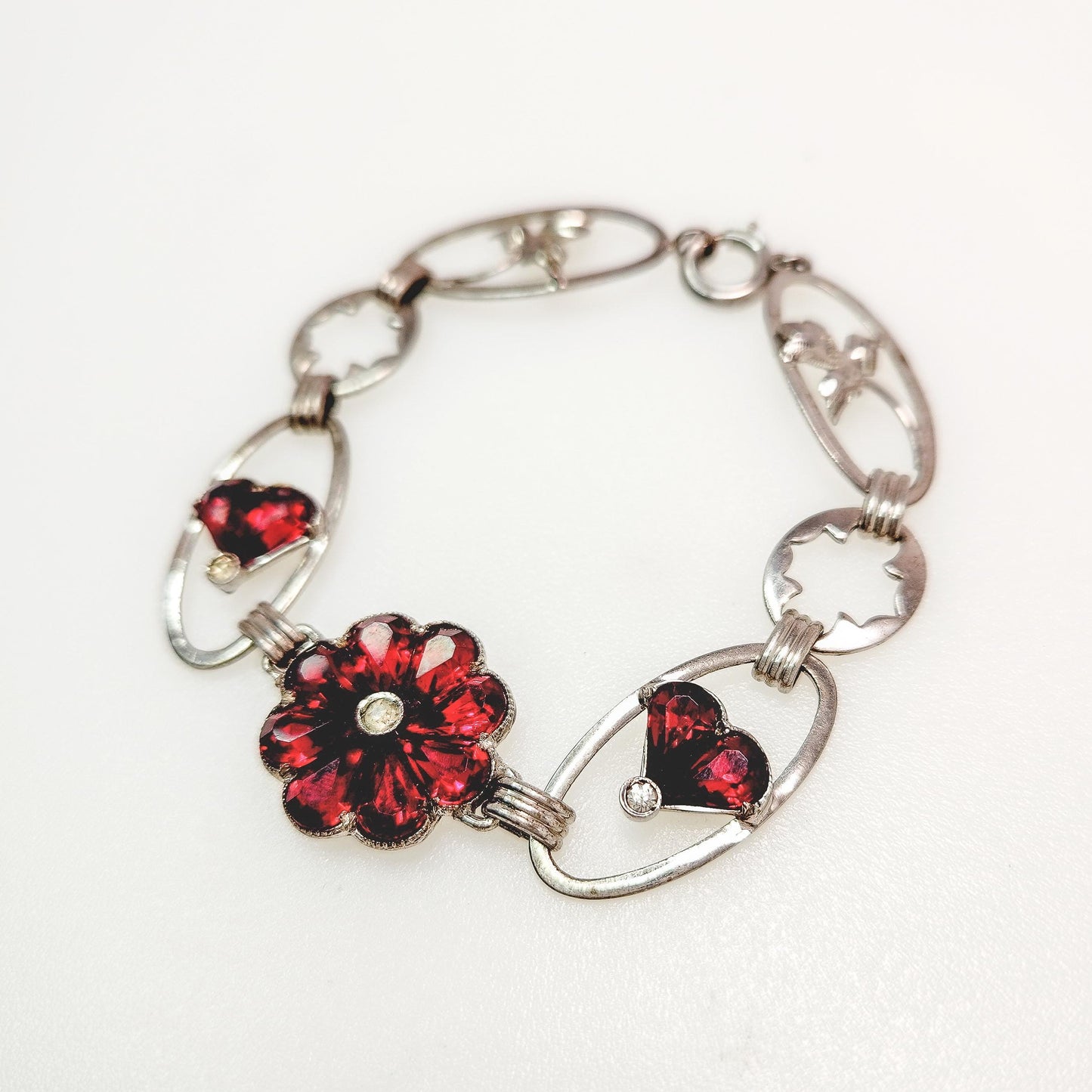 Vintage 1940s Red Glass, Silver Flower Bracelet -  Retro Art Deco Sterling Silver and Red Flower Link 6-1/4" Bracelet - Flower Bracelet