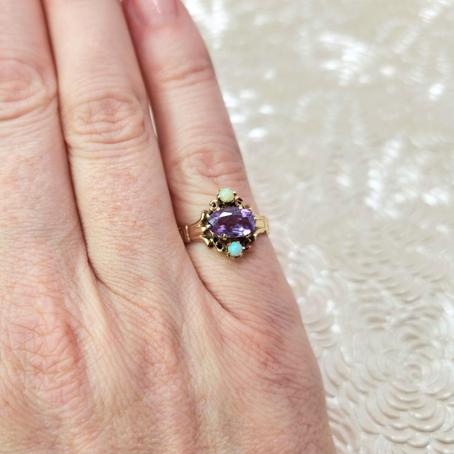 Antique 1900s Victorian Amethyst, Opal, and 14K Yellow Gold Ring Size 5.75 - Late Victorian Purple Amethyst, Opal Pinky Ring