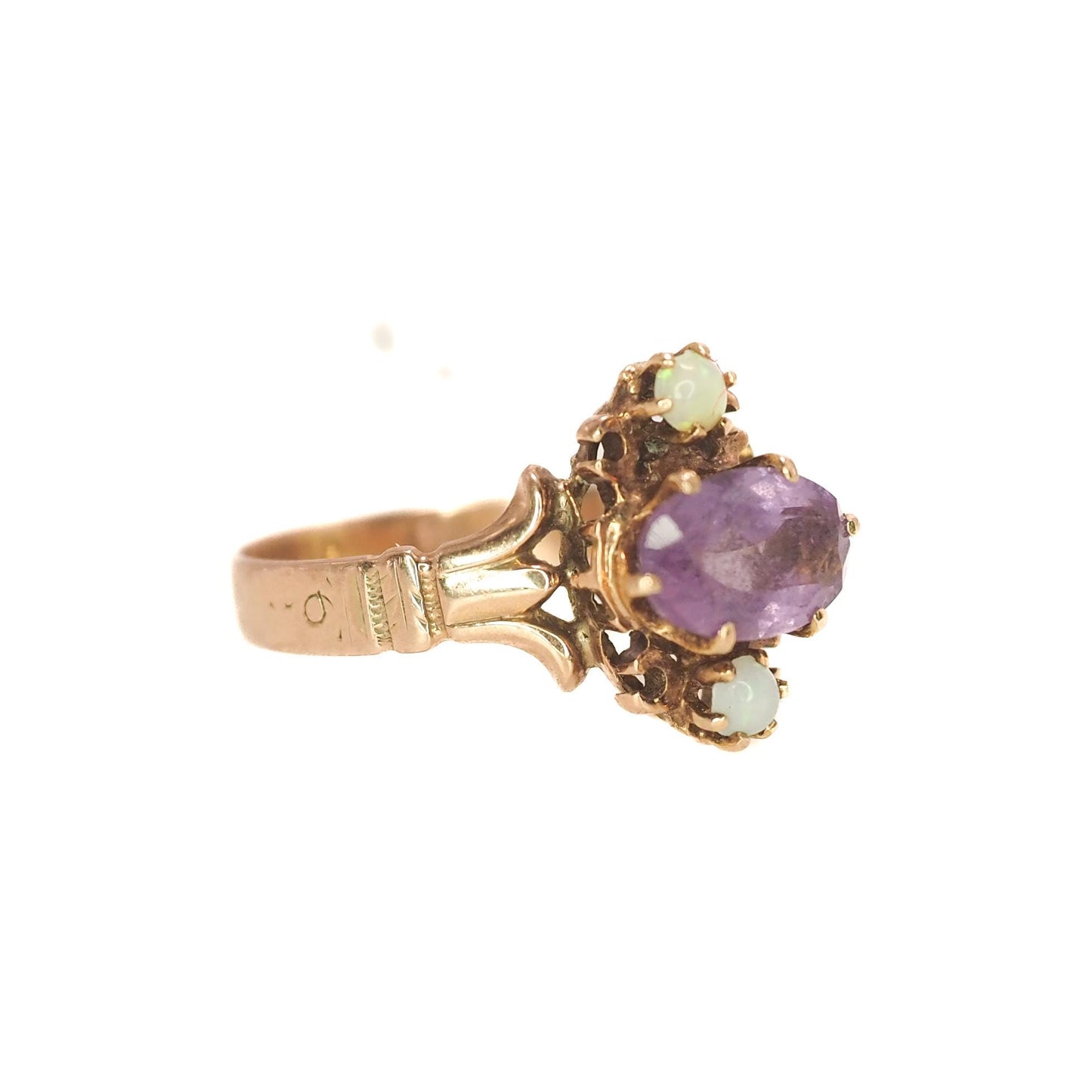 Antique 1900s Victorian Amethyst, Opal, and 14K Yellow Gold Ring Size 5.75 - Late Victorian Purple Amethyst, Opal Pinky Ring