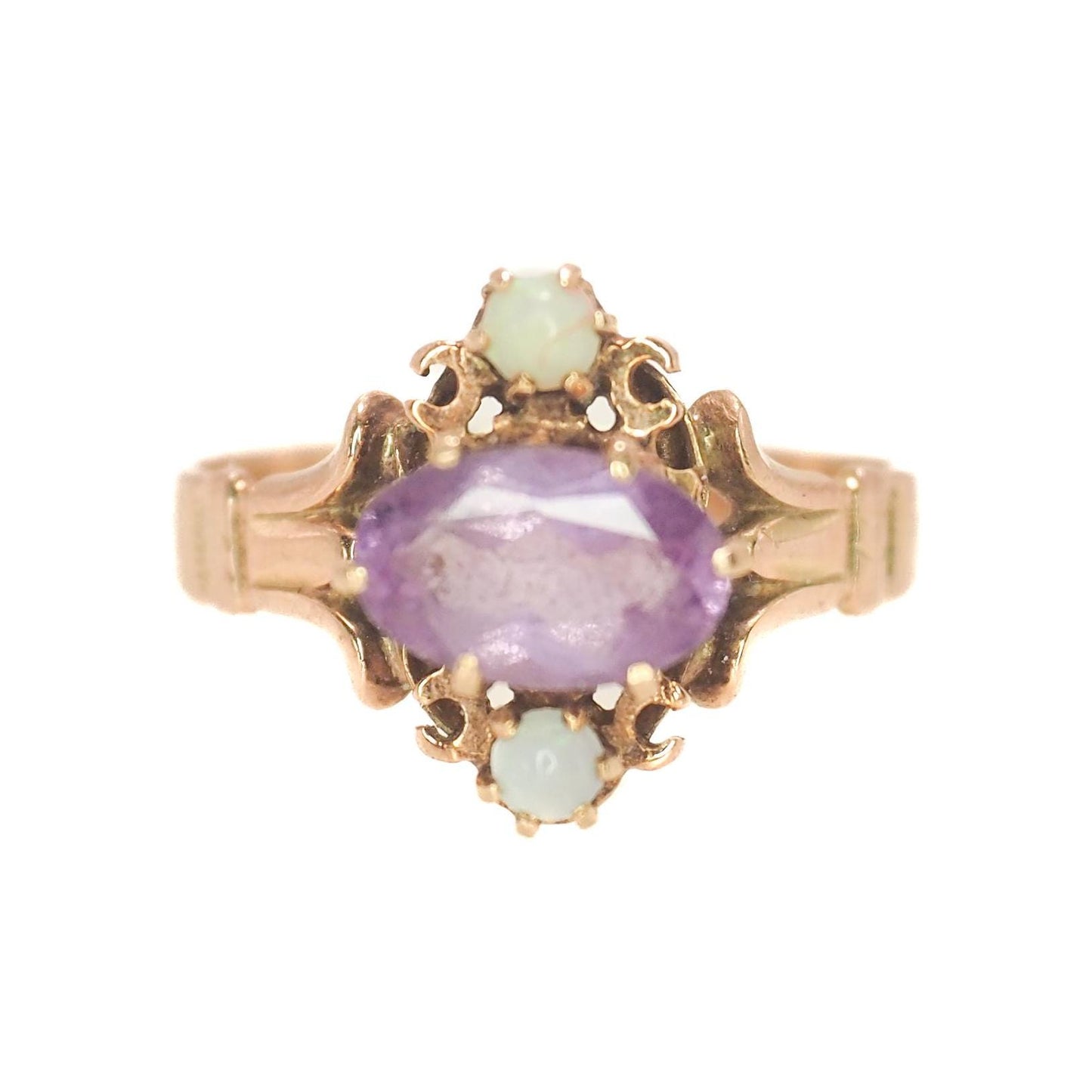 Antique 1900s Victorian Amethyst, Opal, and 14K Yellow Gold Ring Size 5.75 - Late Victorian Purple Amethyst, Opal Pinky Ring