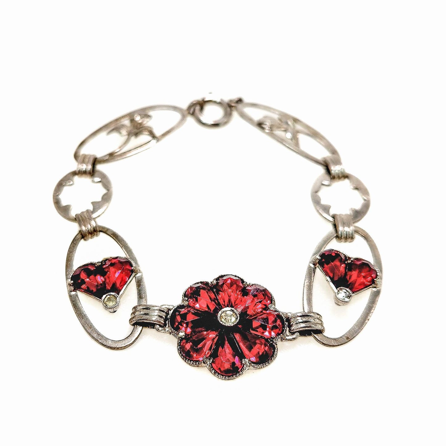 Vintage 1940s Red Glass, Silver Flower Bracelet -  Retro Art Deco Sterling Silver and Red Flower Link 6-1/4" Bracelet - Flower Bracelet