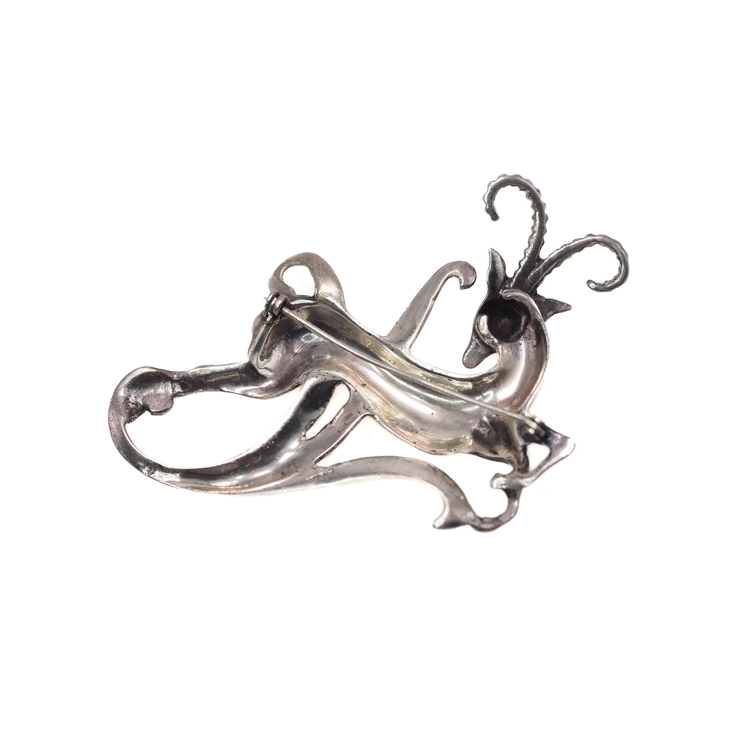 Antique 1920s Large Antelope Brooch - 20s Sterling Silver Antelope Pin - Large Silver Animal Brooch