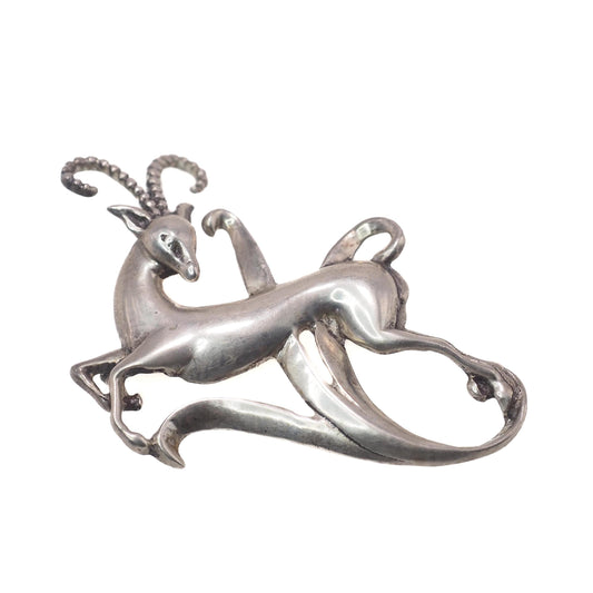 Antique 1920s Large Antelope Brooch - 20s Sterling Silver Antelope Pin - Large Silver Animal Brooch