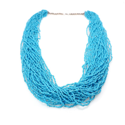 Vintage 1980s Turquoise Blue Bead and Silver Plate 30 Strand Statement 31" Necklace