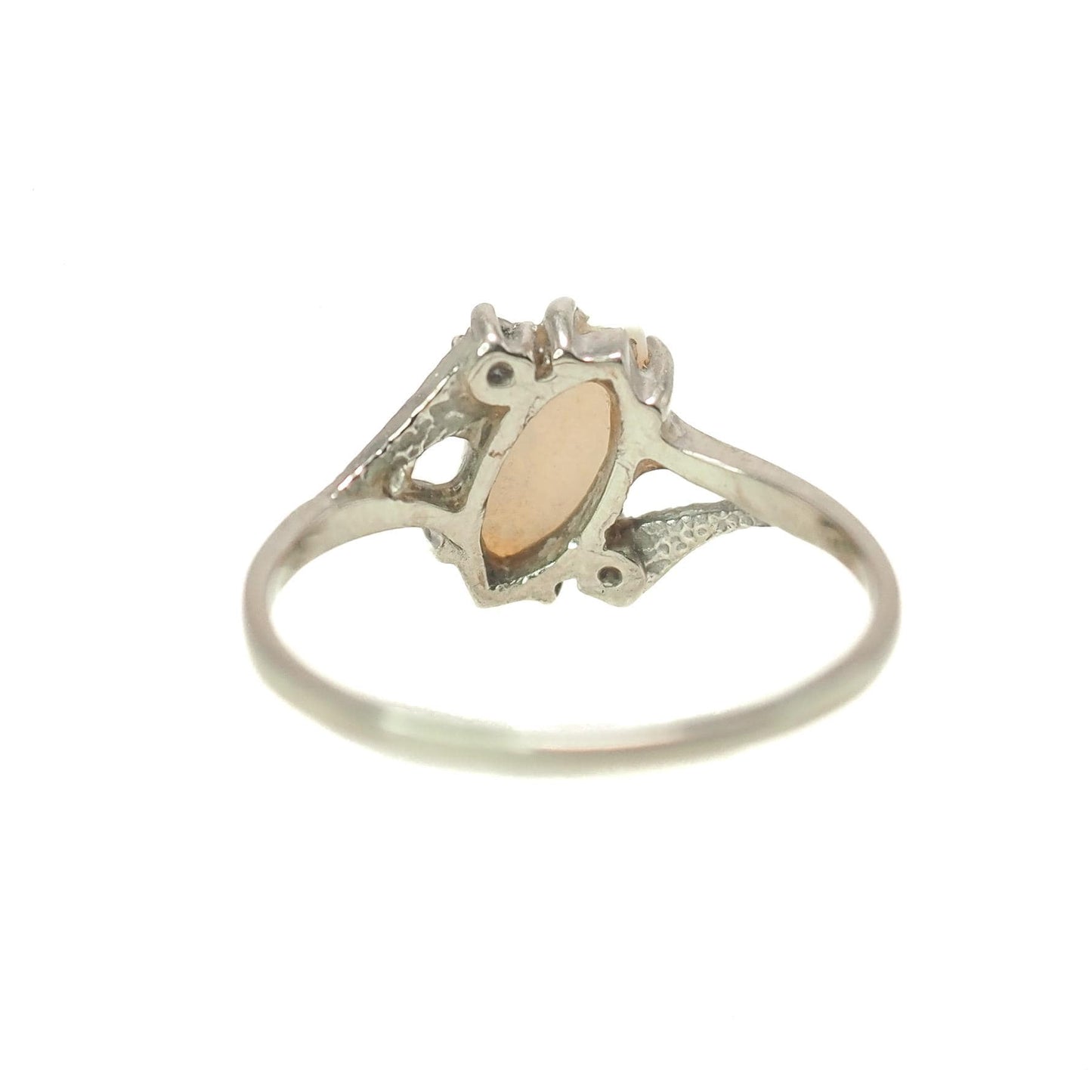 Vintage 1970s Marquise-Cut Opal Cabochon, Diamond, and 10K White Gold Ring Size 6.25 - 70s White Opal, Diamond Gold Ring - October Gemstone