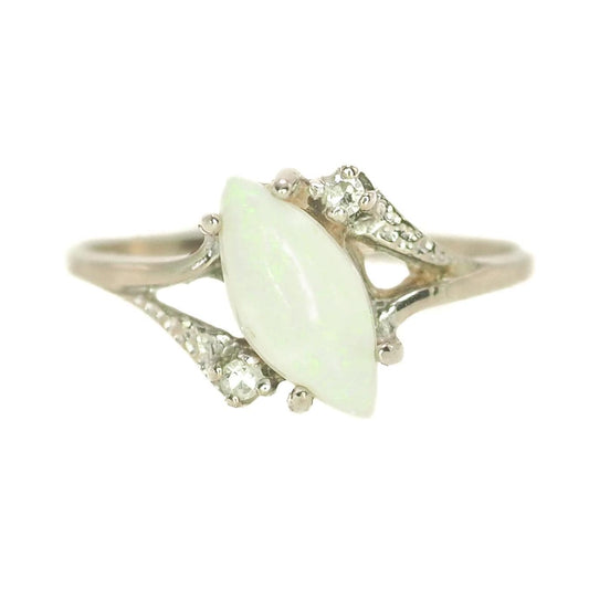 Vintage 1970s Marquise-Cut Opal Cabochon, Diamond, and 10K White Gold Ring Size 6.25 - 70s White Opal, Diamond Gold Ring - October Gemstone